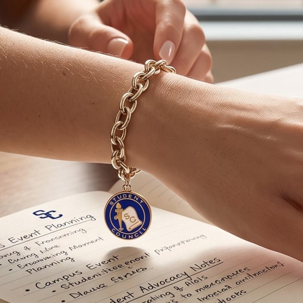 Vintage Gold Tone Student Council Charm Bracelet Blue Enamel Medal 7”